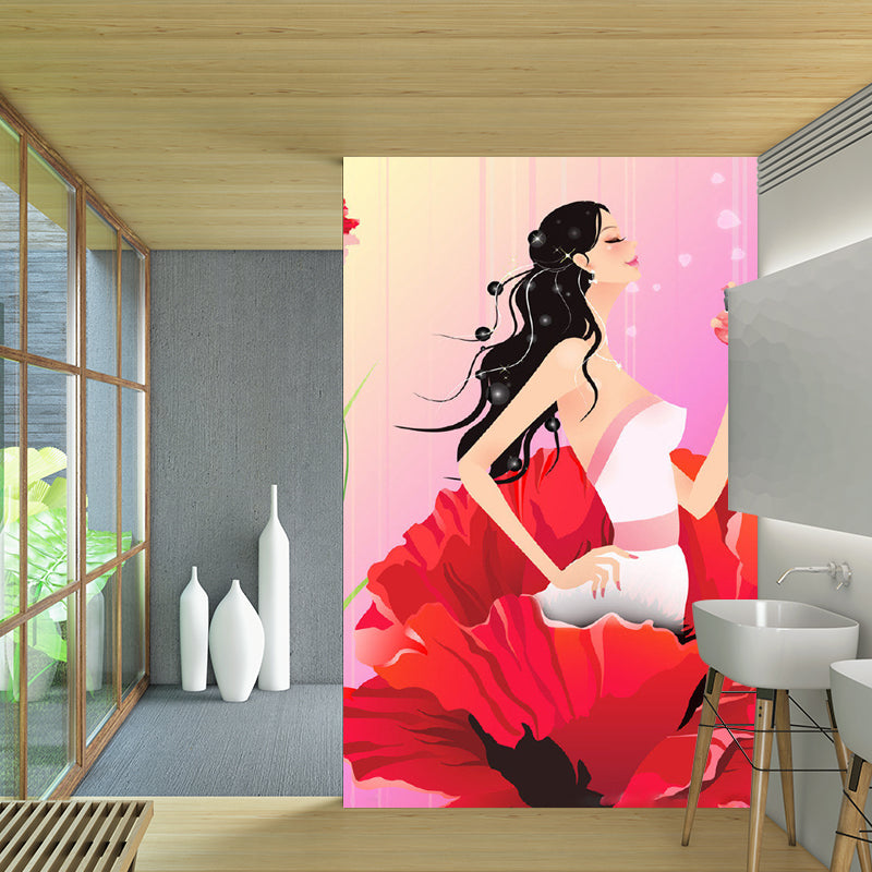 Cartoon Lady in Flower Mural Wallpaper Non-Woven Fabric Eco-friendly Pink Wall Covering for Bedroom Clearhalo 'Wall Decor' 'Wall Mural' 1186485