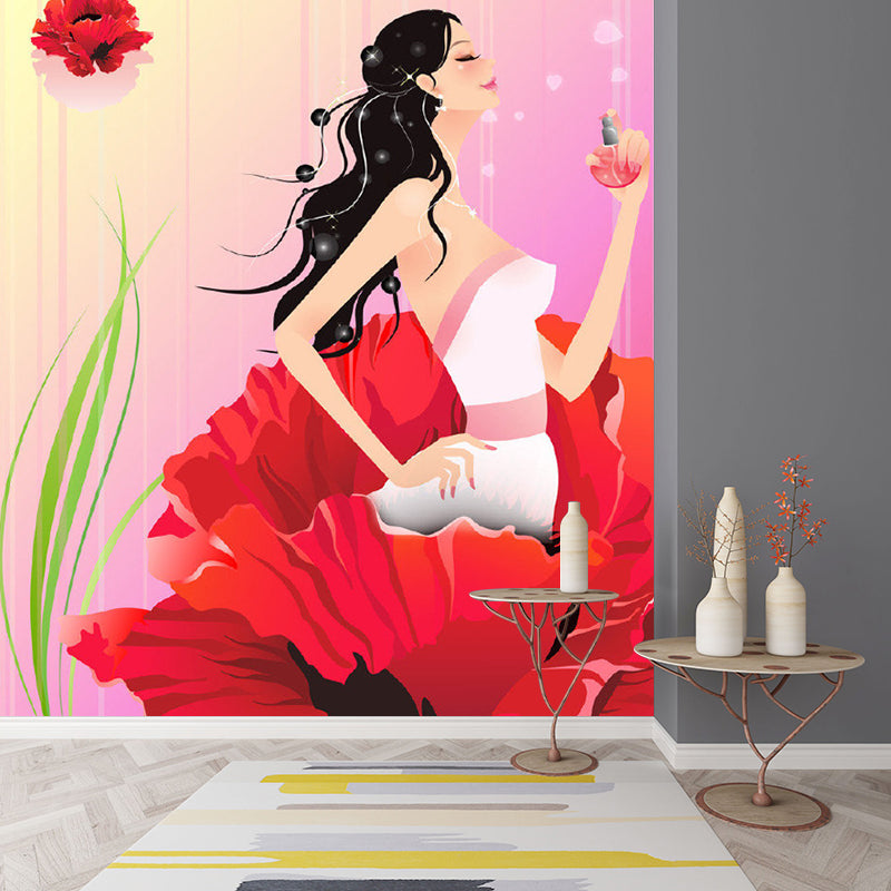 Cartoon Lady in Flower Mural Wallpaper Non-Woven Fabric Eco-friendly Pink Wall Covering for Bedroom Clearhalo 'Wall Decor' 'Wall Mural' 1186486