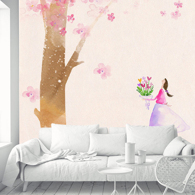 Non-Woven Home Decor Murals Decal Kids Style Girl under Blossom Tree Wall Covering Pink Clearhalo 'Wall Decor' 'Wall Mural' 1186489