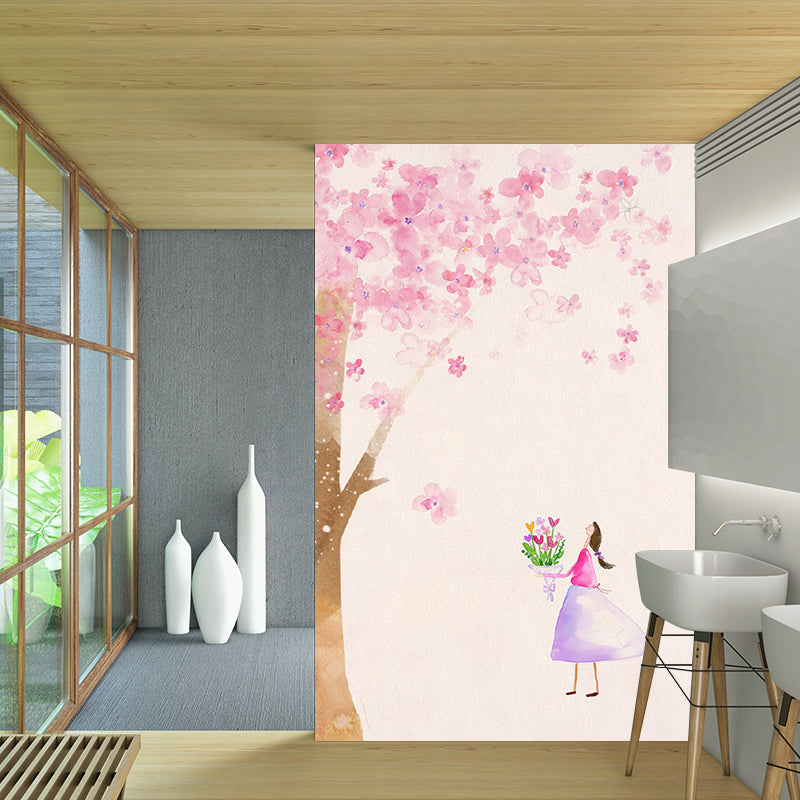 Non-Woven Home Decor Murals Decal Kids Style Girl under Blossom Tree Wall Covering Clearhalo 'Wall Decor' 'Wall Mural' 1186491