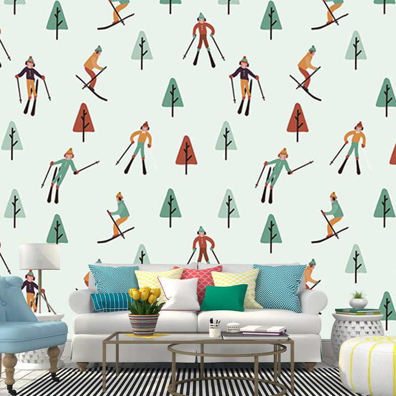 Skiers and Snow Forest Murals in Green-Red, Childrens Art Wall Covering for Kids Bedroom Red-Green Clearhalo 'Wall Decor' 'Wall Mural' 1186519