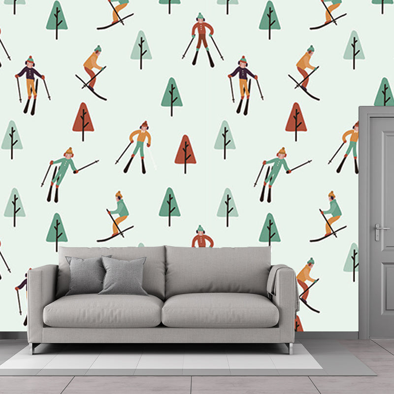 Skiers and Snow Forest Murals in Green-Red, Childrens Art Wall Covering for Kids Bedroom Clearhalo 'Wall Decor' 'Wall Mural' 1186520