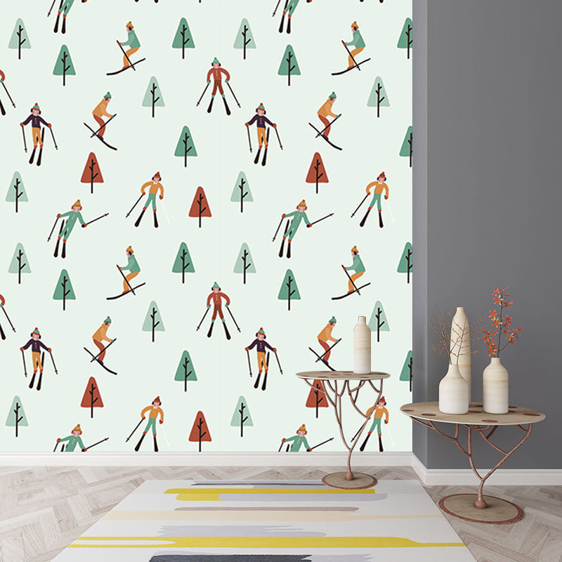 Skiers and Snow Forest Murals in Green-Red, Childrens Art Wall Covering for Kids Bedroom Clearhalo 'Wall Decor' 'Wall Mural' 1186521