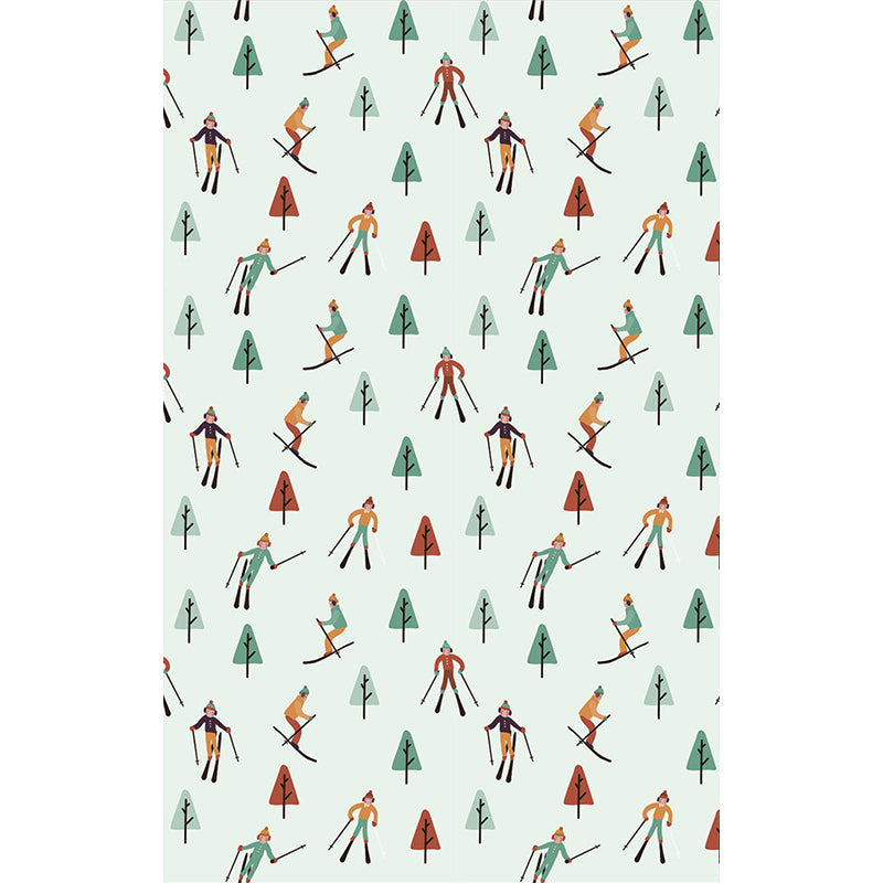 Skiers and Snow Forest Murals in Green-Red, Childrens Art Wall Covering for Kids Bedroom Clearhalo 'Wall Decor' 'Wall Mural' 1186522