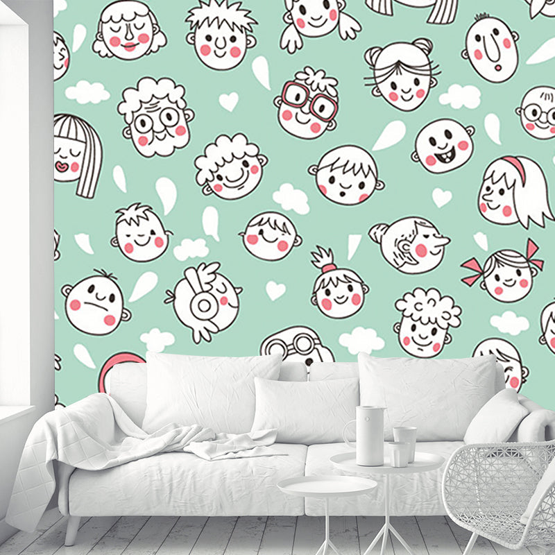 Green-White Face Wallpaper Murals Decorative Cartoon Style Baby Bedroom Wall Art Green-White Clearhalo 'Wall Decor' 'Wall Mural' 1186524