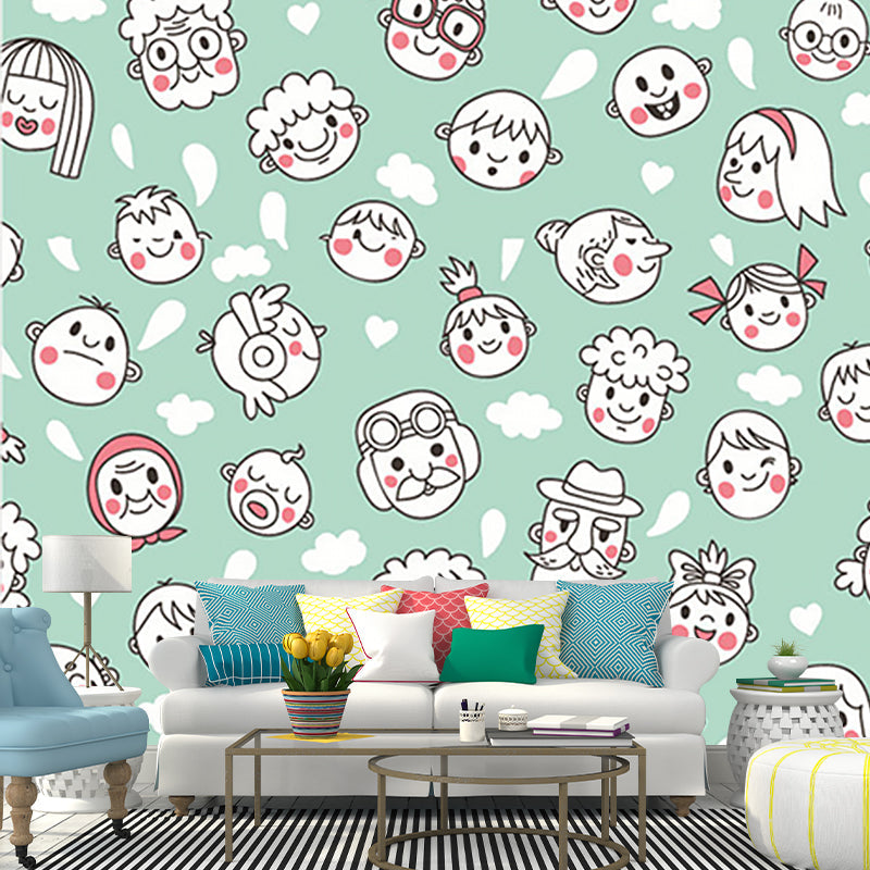 Green-White Face Wallpaper Murals Decorative Cartoon Style Baby Bedroom Wall Art Clearhalo 'Wall Decor' 'Wall Mural' 1186525