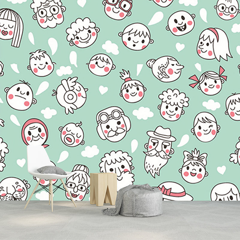 Green-White Face Wallpaper Murals Decorative Cartoon Style Baby Bedroom Wall Art Clearhalo 'Wall Decor' 'Wall Mural' 1186526