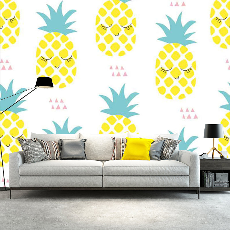 Food Pineapple Wall Paper Murals Kids Style Non-Woven Fabric Wall Decor in Yellow and Green Yellow-Green Clearhalo 'Wall Decor' 'Wall Mural' 1186529