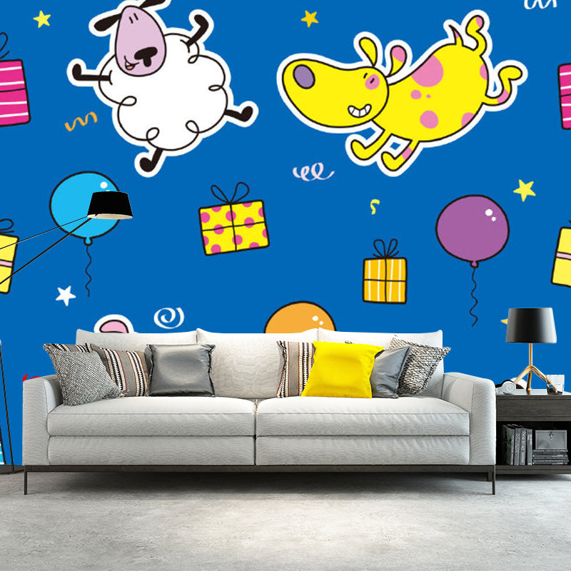 Cartoon Dog and Sheep Murals Wallpaper for Kids Bedroom, Personalised Size Wall Art in Yellow and Blue Yellow-Blue Clearhalo 'Wall Decor' 'Wall Mural' 1186539