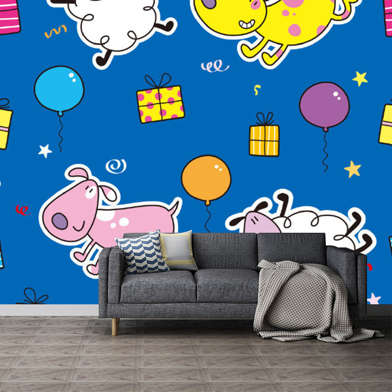 Cartoon Dog and Sheep Murals Wallpaper for Kids Bedroom, Personalised Size Wall Art in Yellow and Blue Clearhalo 'Wall Decor' 'Wall Mural' 1186540