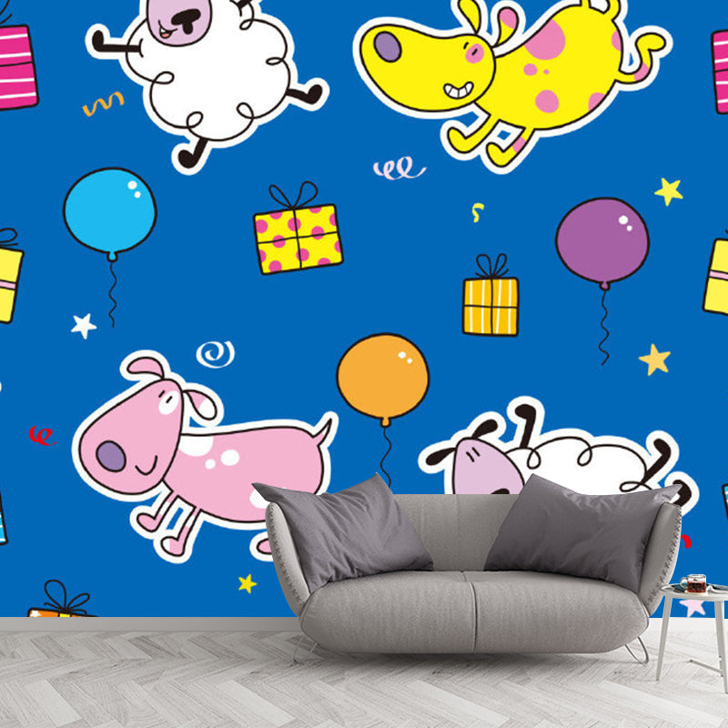 Cartoon Dog and Sheep Murals Wallpaper for Kids Bedroom, Personalised Size Wall Art in Yellow and Blue Clearhalo 'Wall Decor' 'Wall Mural' 1186541