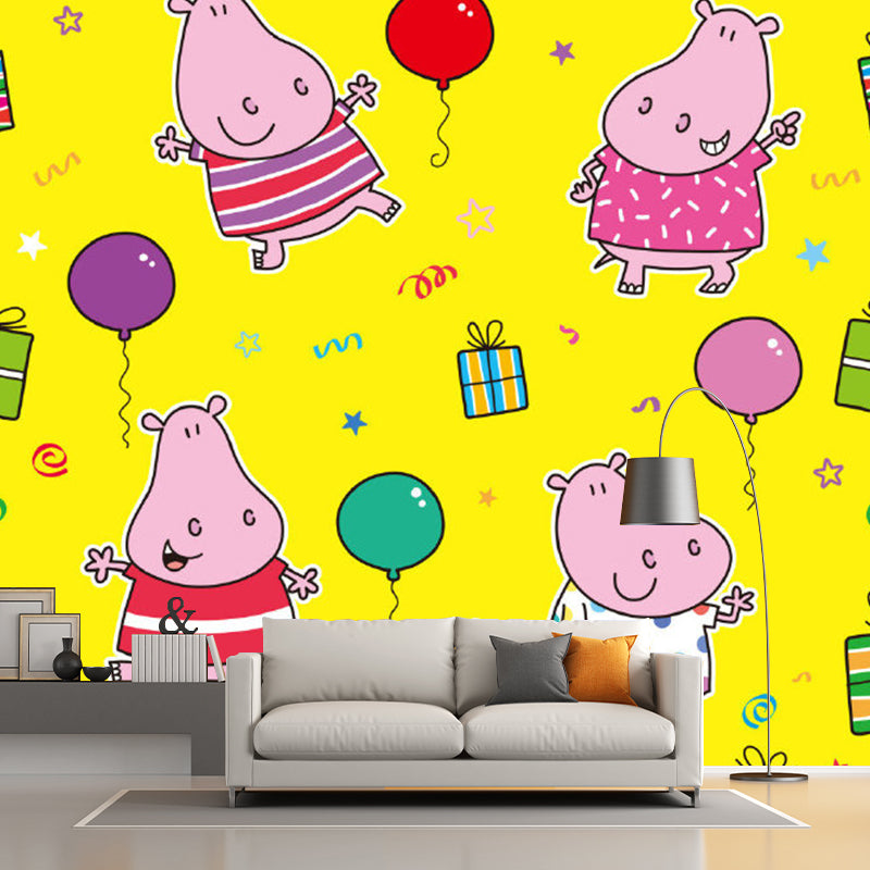 Cartoon Hippopotamus Wallpaper Murals in Pink and Yellow, Childrens Art Wall Decor for Bedroom Pink-Yellow Clearhalo 'Wall Decor' 'Wall Mural' 1186544