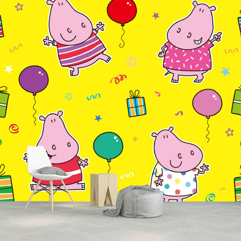 Cartoon Hippopotamus Wallpaper Murals in Pink and Yellow, Childrens Art Wall Decor for Bedroom Clearhalo 'Wall Decor' 'Wall Mural' 1186545