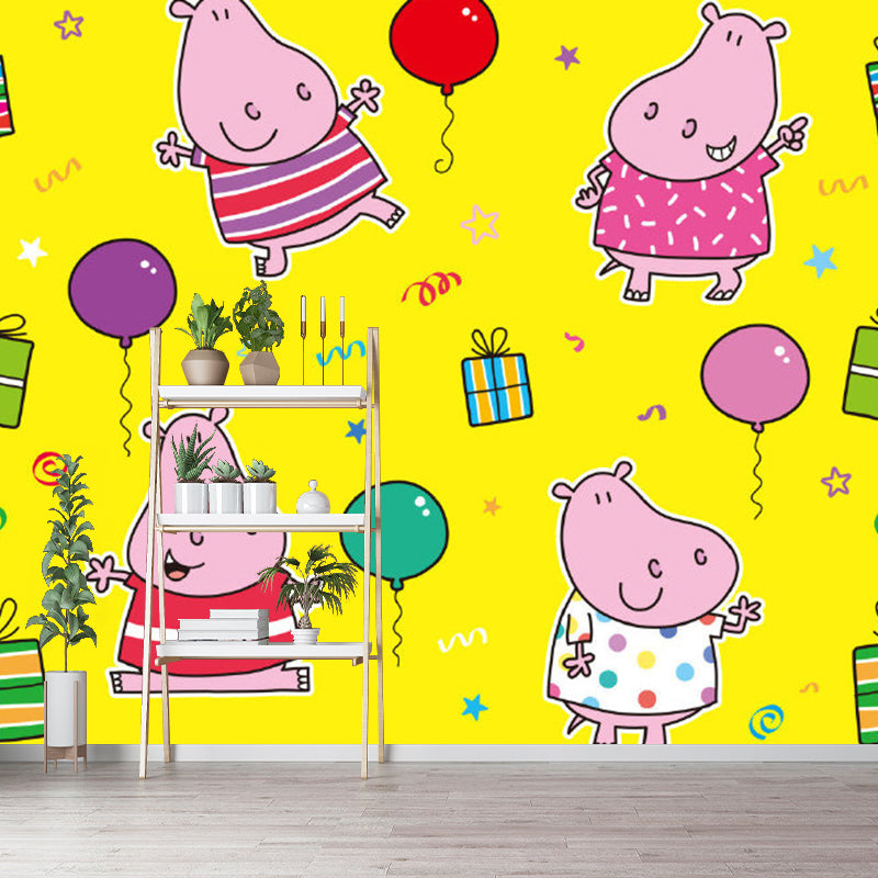 Cartoon Hippopotamus Wallpaper Murals in Pink and Yellow, Childrens Art Wall Decor for Bedroom Clearhalo 'Wall Decor' 'Wall Mural' 1186546