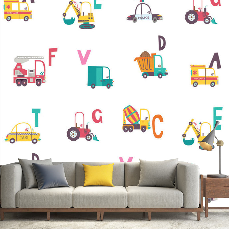 Yellow and Green Transportation Murals Vehicles Kids Style Mildew Resistant Wall Art for Boys Room Clearhalo 'Wall Decor' 'Wall Mural' 1186570