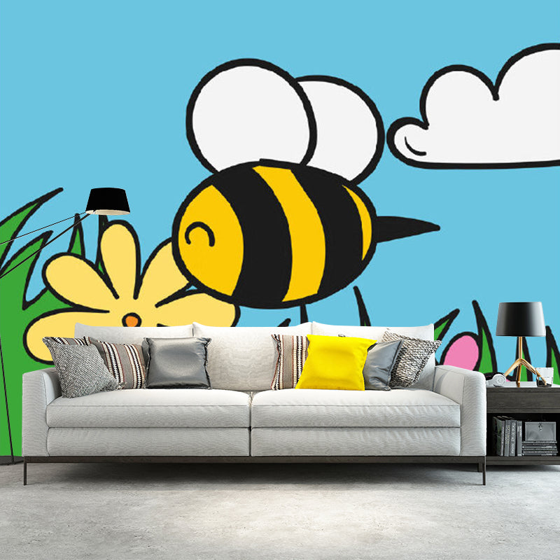 Extra Large Bee Mural Decal Cartoon Style Flower Wall Covering in Colorful, Stain Resistant Red-Yellow-Blue-Green Clearhalo 'Wall Decor' 'Wall Mural' 1186589