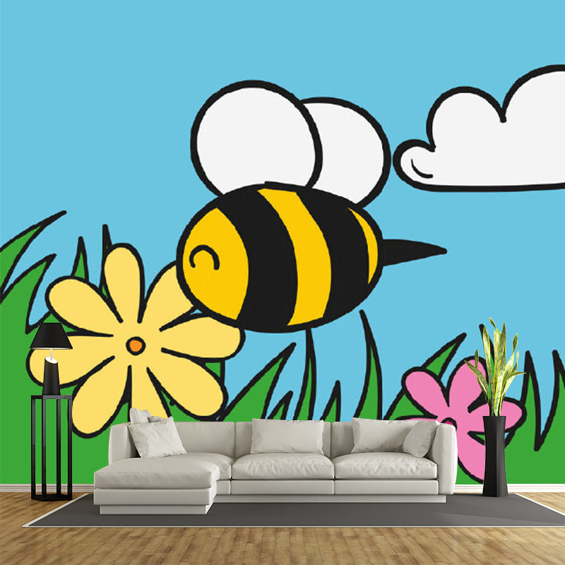 Extra Large Bee Mural Decal Cartoon Style Flower Wall Covering in Colorful, Stain Resistant Clearhalo 'Wall Decor' 'Wall Mural' 1186590