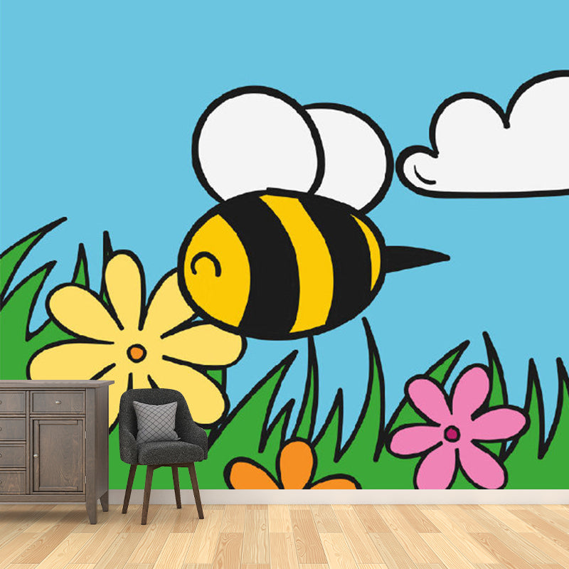 Extra Large Bee Mural Decal Cartoon Style Flower Wall Covering in Colorful, Stain Resistant Clearhalo 'Wall Decor' 'Wall Mural' 1186591