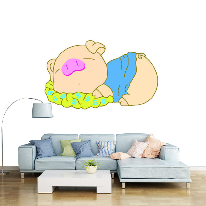 Kids Style Sleeping Pig Murals Non-Woven Waterproofing Blue and Brown Wall Art for Baby Room Blue-Brown Clearhalo 'Wall Decor' 'Wall Mural' 1186594