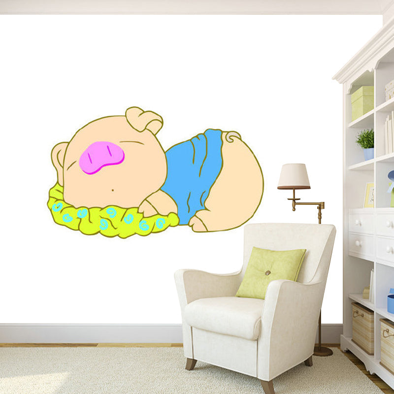 Kids Style Sleeping Pig Murals Non-Woven Waterproofing Blue and Brown Wall Art for Baby Room Clearhalo 'Wall Decor' 'Wall Mural' 1186595