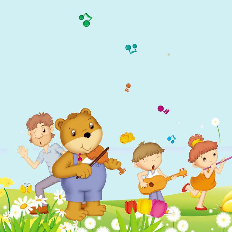 Yellow Cartoon Style Murals Whole Kids and Bear Playing Musical Instruments Wall Art for Bedroom Clearhalo 'Wall Decor' 'Wall Mural' 1186602