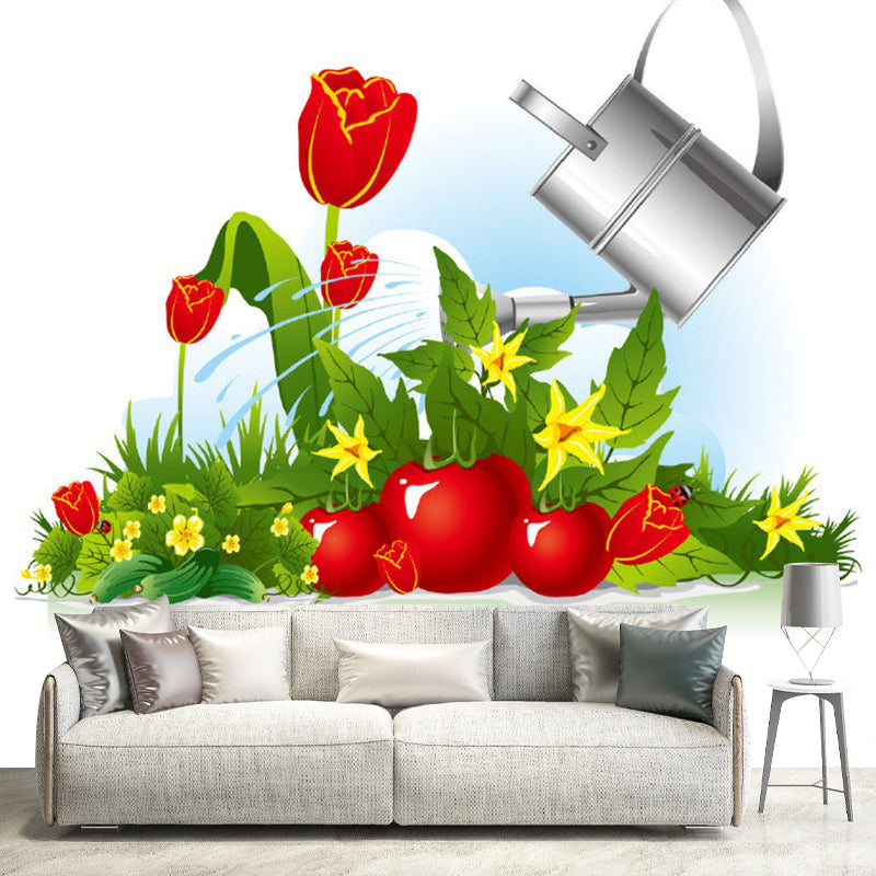 Illustration Kettle and Blossom Murals Wallpaper for Home Decor, Red-Green, Made to Measure Red-Green Clearhalo 'Wall Decor' 'Wall Mural' 1186609