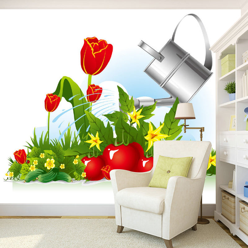 Illustration Kettle and Blossom Murals Wallpaper for Home Decor, Red-Green, Made to Measure Clearhalo 'Wall Decor' 'Wall Mural' 1186610