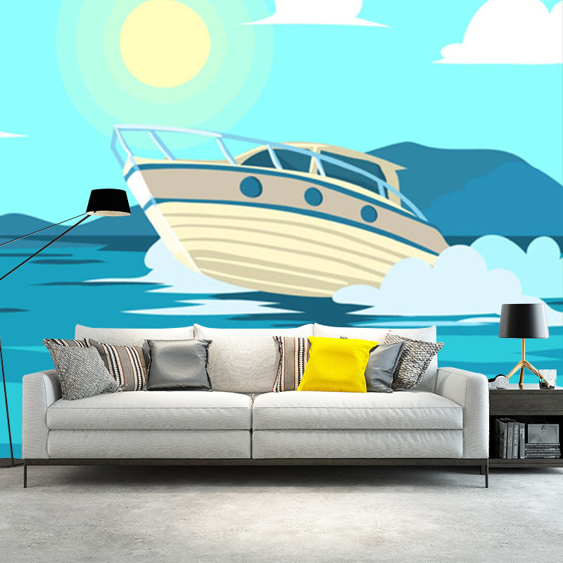 Yacht on Sea Murals for Wall Waterproof Bathroom Wall Covering, Customize Size Available Blue Clearhalo 'Wall Decor' 'Wall Mural' 1186614