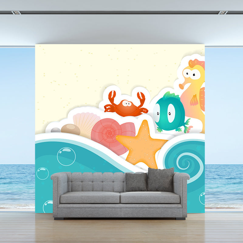 Eco-Friendly Marine Organism Murals Cartoon Style Non Woven Fabric Wall Decor, Personalised Size Yellow-Blue Clearhalo 'Wall Decor' 'Wall Mural' 1186624