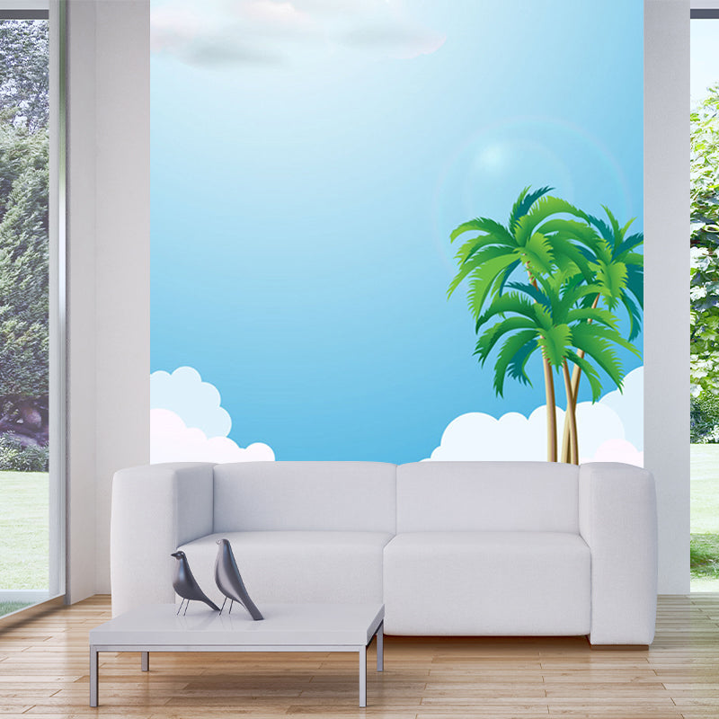 Blue-Green Beach Wall Mural Decal Sky Kids Style Environmental Wall Art for Bathroom Blue-Green Clearhalo 'Wall Decor' 'Wall Mural' 1186630