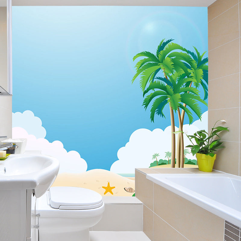 Blue-Green Beach Wall Mural Decal Sky Kids Style Environmental Wall Art for Bathroom Clearhalo 'Wall Decor' 'Wall Mural' 1186631