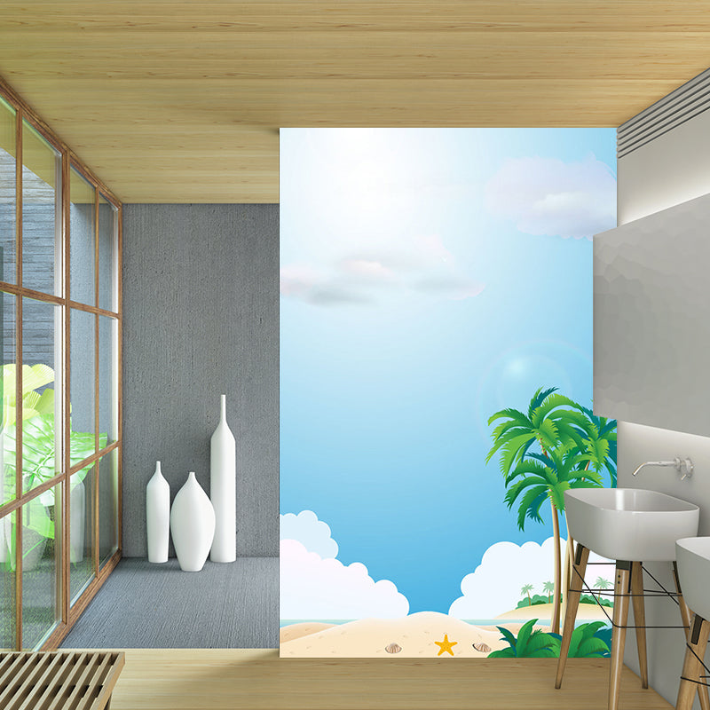 Blue-Green Beach Wall Mural Decal Sky Kids Style Environmental Wall Art for Bathroom Clearhalo 'Wall Decor' 'Wall Mural' 1186632