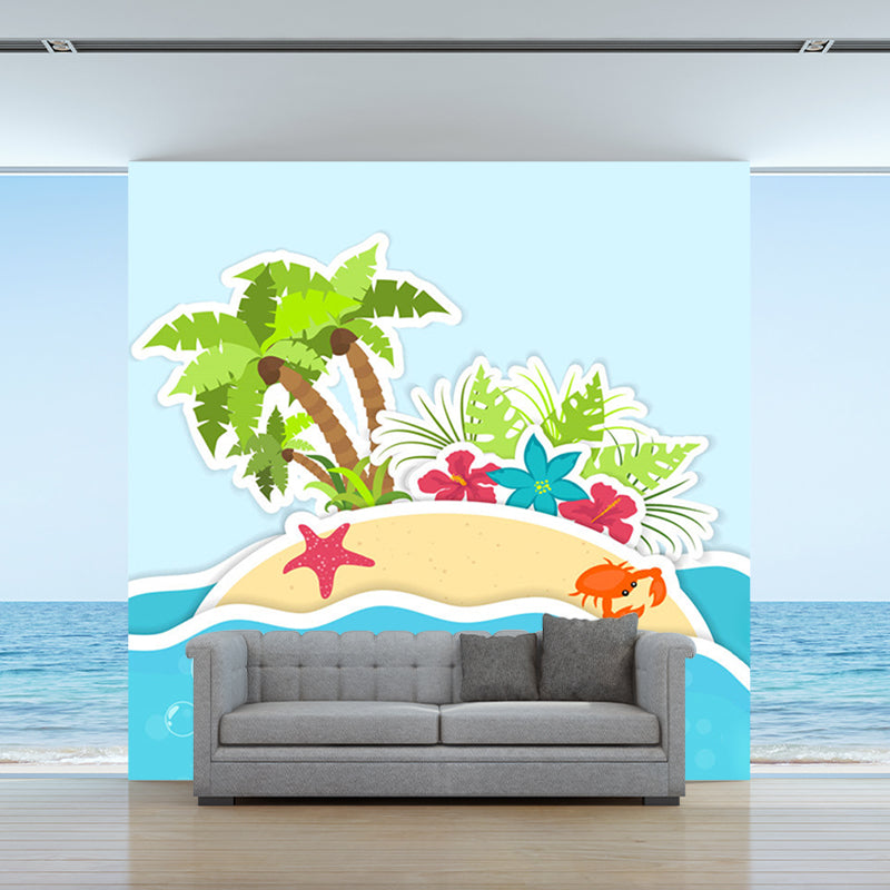 Soft Color Island Mural Wallpaper Coconut Tree Cartoon Wall Covering for Bathroom Red-Blue-Green Clearhalo 'Wall Decor' 'Wall Mural' 1186635