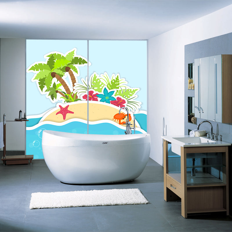 Soft Color Island Mural Wallpaper Coconut Tree Cartoon Wall Covering for Bathroom Clearhalo 'Wall Decor' 'Wall Mural' 1186636