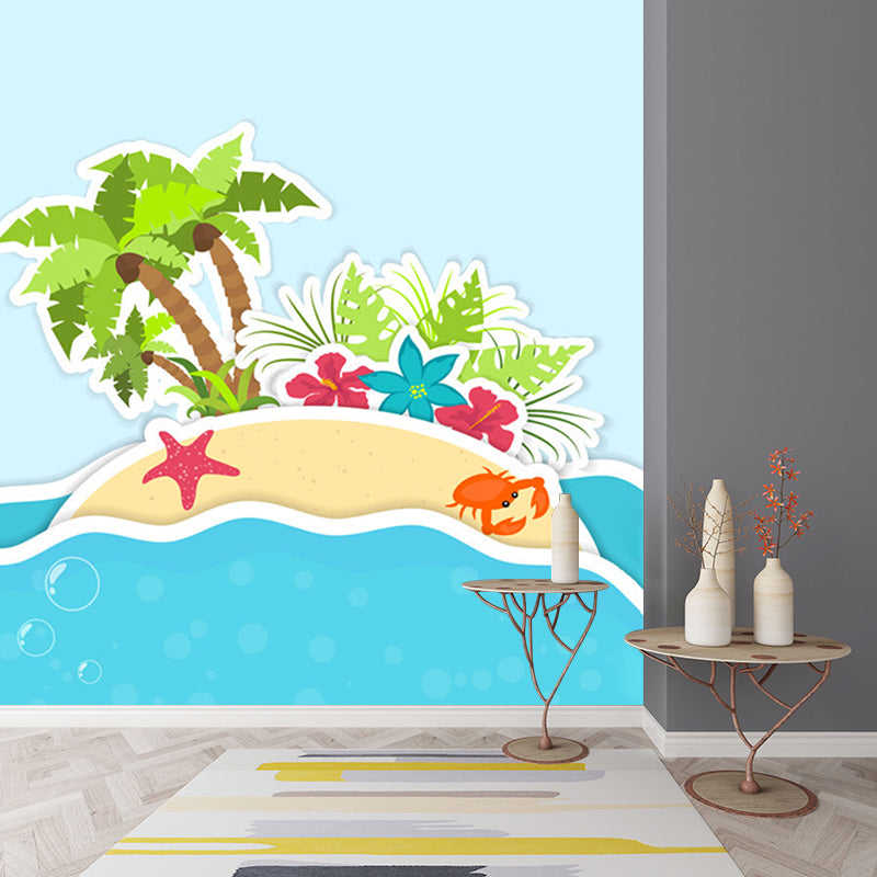 Soft Color Island Mural Wallpaper Coconut Tree Cartoon Wall Covering for Bathroom Clearhalo 'Wall Decor' 'Wall Mural' 1186637