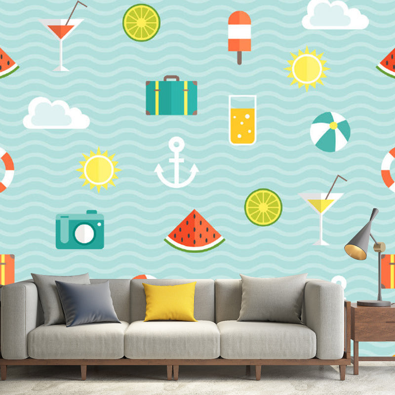 Full Size Food Pattern Murals Moisture Resistant Cartoon Style Kids Bedroom Wall Covering Blue Clearhalo 'Wall Decor' 'Wall Mural' 1186670