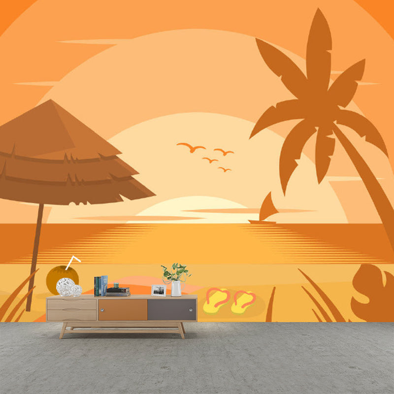 Beach View at Sunset Mural Decal Kids Moisture Resistant Home Wall Covering, Personalised Size Orange Clearhalo 'Wall Decor' 'Wall Mural' 1186710