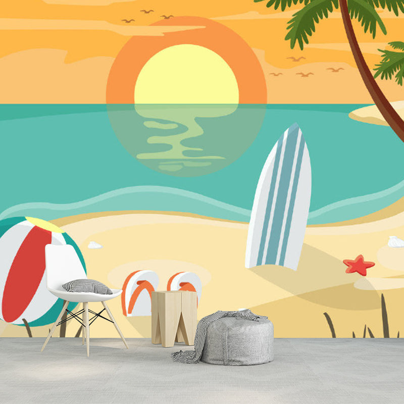 Cartoon Beach at Sunset Mural Wallpaper Non-Woven Decorative Colorful Wall Covering for Kids Room Blue-Orange-Yellow Clearhalo 'Wall Decor' 'Wall Mural' 1186725