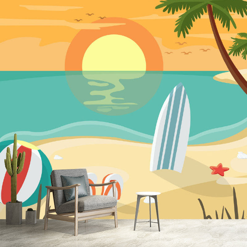 Cartoon Beach at Sunset Mural Wallpaper Non-Woven Decorative Colorful Wall Covering for Kids Room Clearhalo 'Wall Decor' 'Wall Mural' 1186726