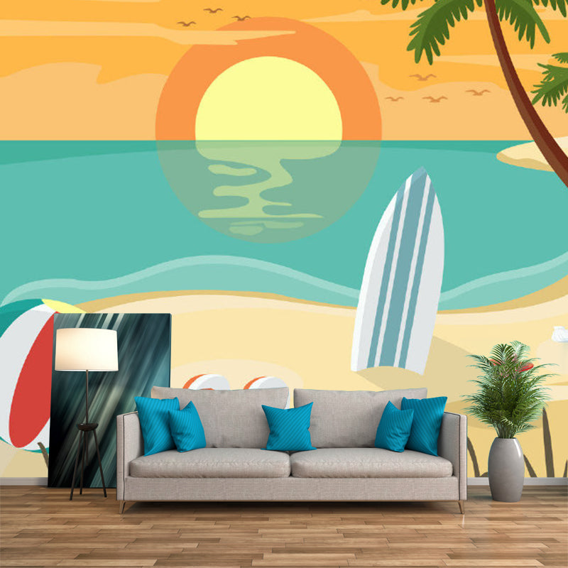 Cartoon Beach at Sunset Mural Wallpaper Non-Woven Decorative Colorful Wall Covering for Kids Room Clearhalo 'Wall Decor' 'Wall Mural' 1186727