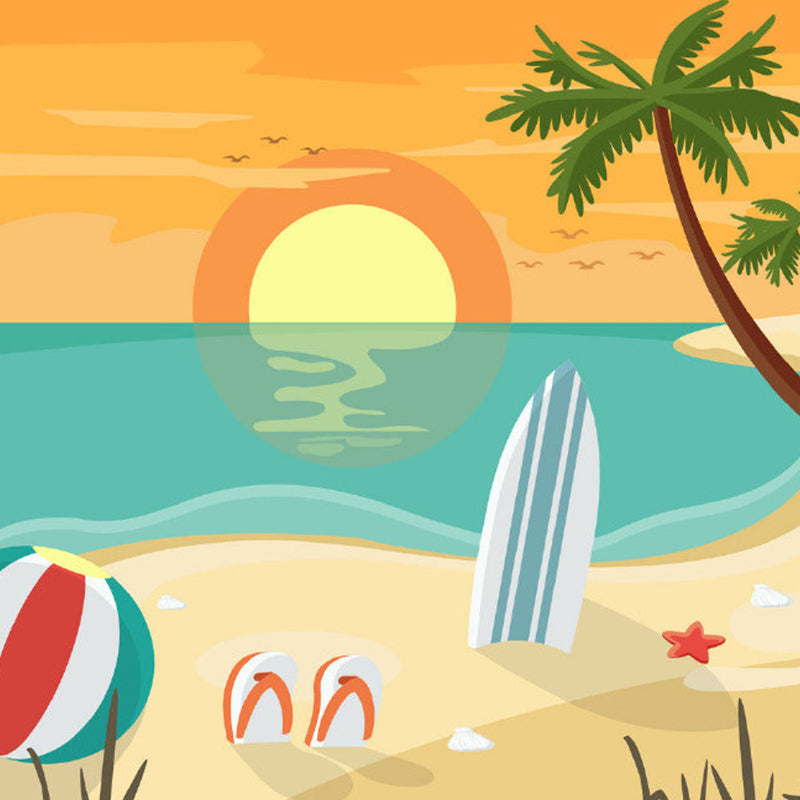 Cartoon Beach at Sunset Mural Wallpaper Non-Woven Decorative Colorful Wall Covering for Kids Room Clearhalo 'Wall Decor' 'Wall Mural' 1186728