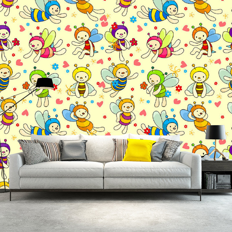 Cartoon Bees Wall Murals Beige Baby Bedroom Wall Covering, Customize Size Available Beige Clearhalo 'Wall Decor' 'Wall Mural' 1186745