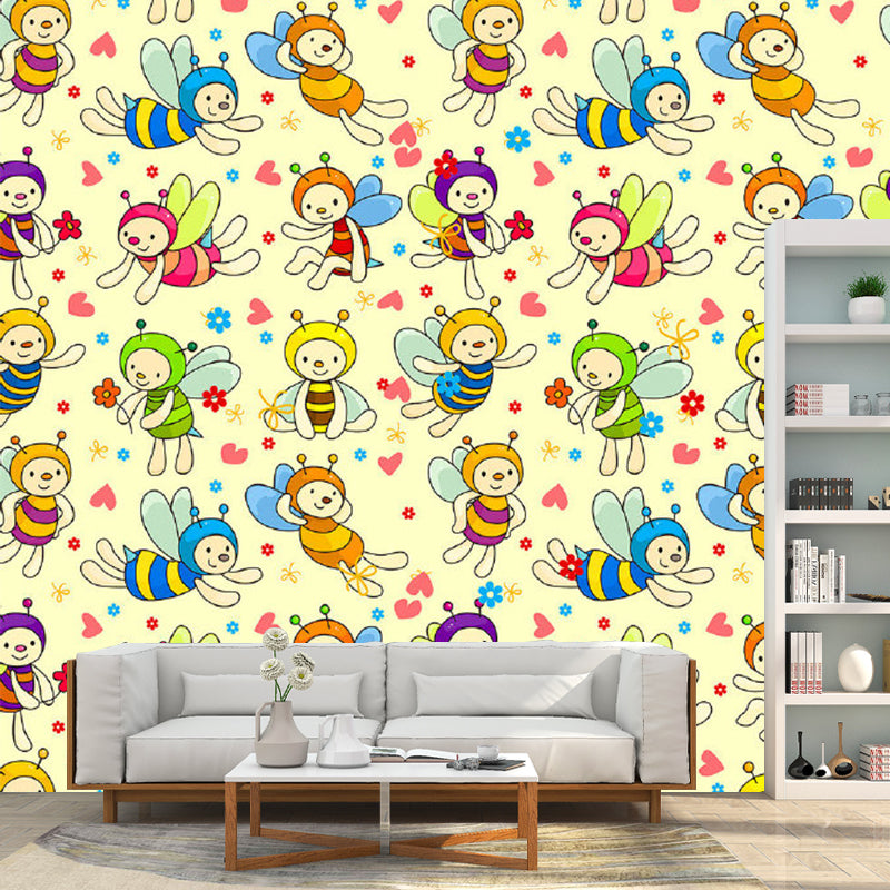 Cartoon Bees Wall Murals Beige Baby Bedroom Wall Covering, Customize Size Available Clearhalo 'Wall Decor' 'Wall Mural' 1186746