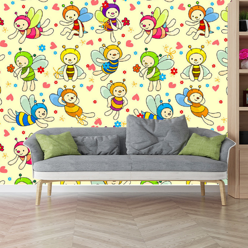 Cartoon Bees Wall Murals Beige Baby Bedroom Wall Covering, Customize Size Available Clearhalo 'Wall Decor' 'Wall Mural' 1186747