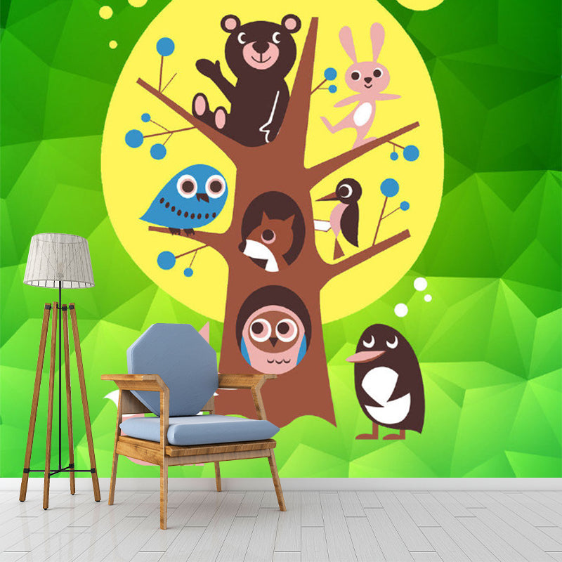 Colorful Animals Wall Mural Decal Tree and Moon Cartoon Decorative Wall Covering for Baby Room Brown-Green-Yellow Clearhalo 'Wall Decor' 'Wall Mural' 1186760