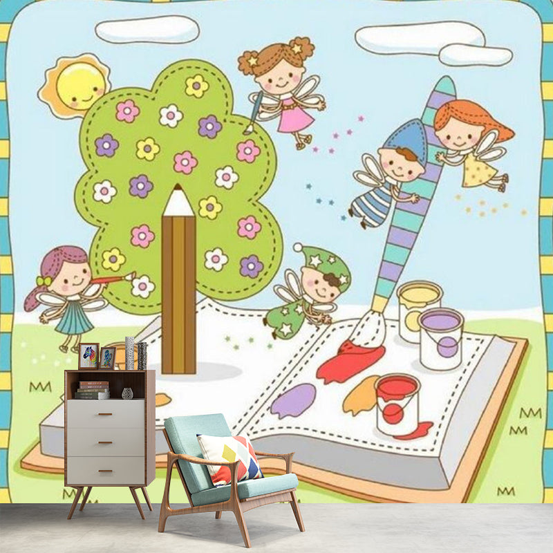 Fantasy Kids with Book Murals Wallpaper Cartoon Non-Woven Wall Art in Blue and Green Blue-Green Clearhalo 'Wall Decor' 'Wall Mural' 1186765