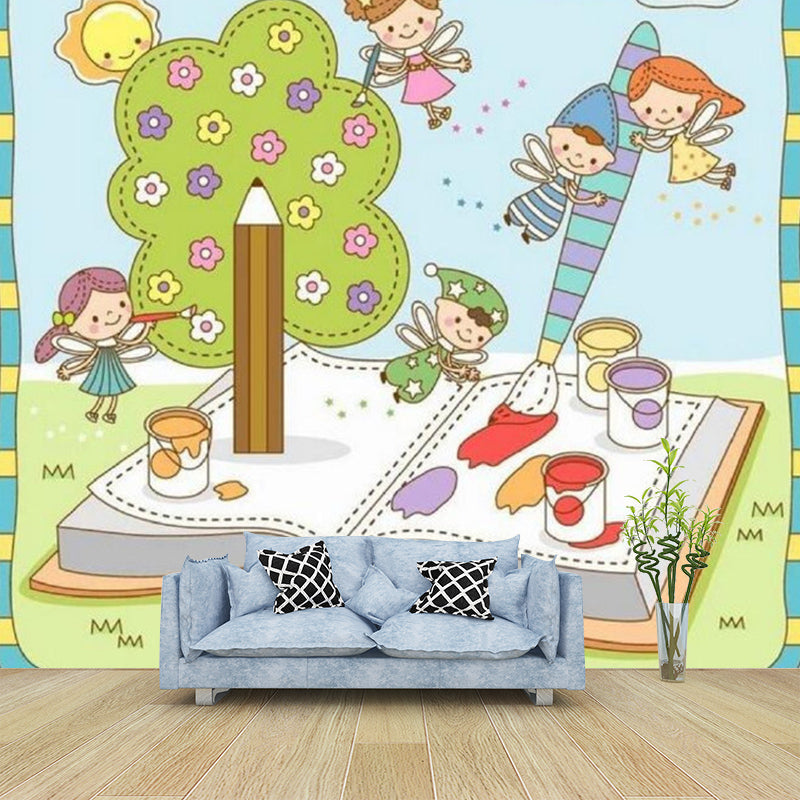 Fantasy Kids with Book Murals Wallpaper Cartoon Non-Woven Wall Art in Blue and Green Clearhalo 'Wall Decor' 'Wall Mural' 1186766