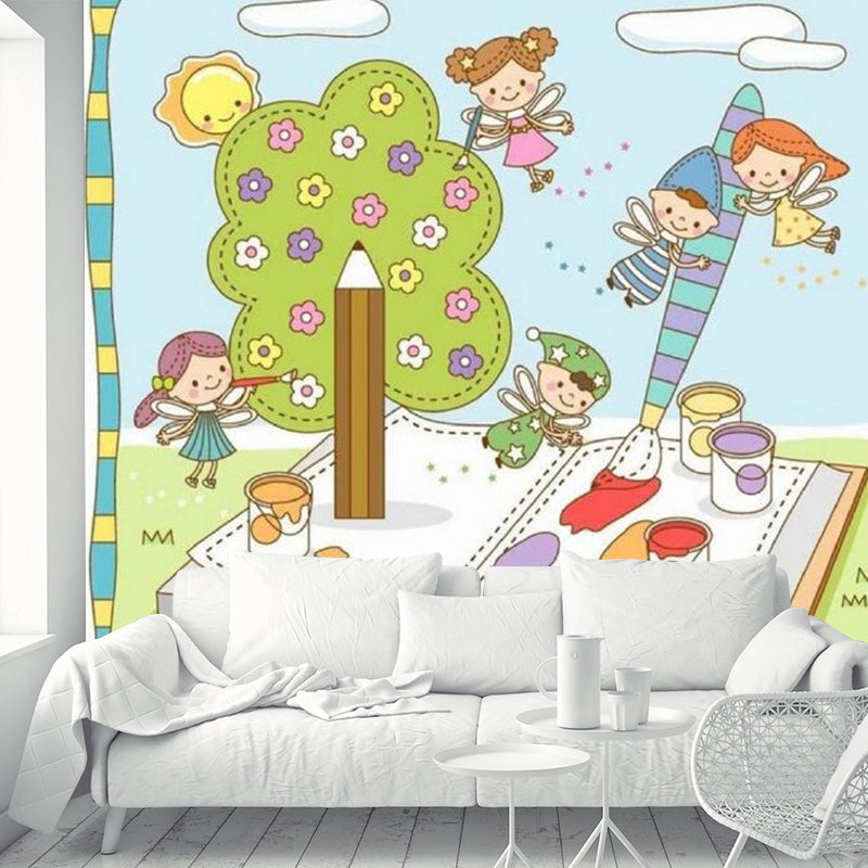 Fantasy Kids with Book Murals Wallpaper Cartoon Non-Woven Wall Art in Blue and Green Clearhalo 'Wall Decor' 'Wall Mural' 1186767