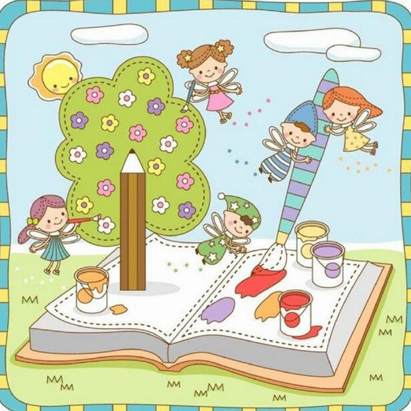 Fantasy Kids with Book Murals Wallpaper Cartoon Non-Woven Wall Art in Blue and Green Clearhalo 'Wall Decor' 'Wall Mural' 1186768