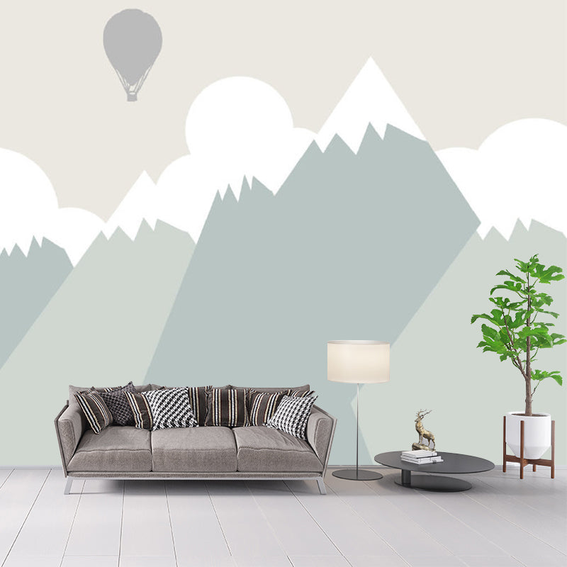 Hot Air Balloon Wall Murals in Grey and Green, Kids Style Mountain Wall Decor for Home Gray-Green Clearhalo 'Wall Decor' 'Wall Mural' 1186788